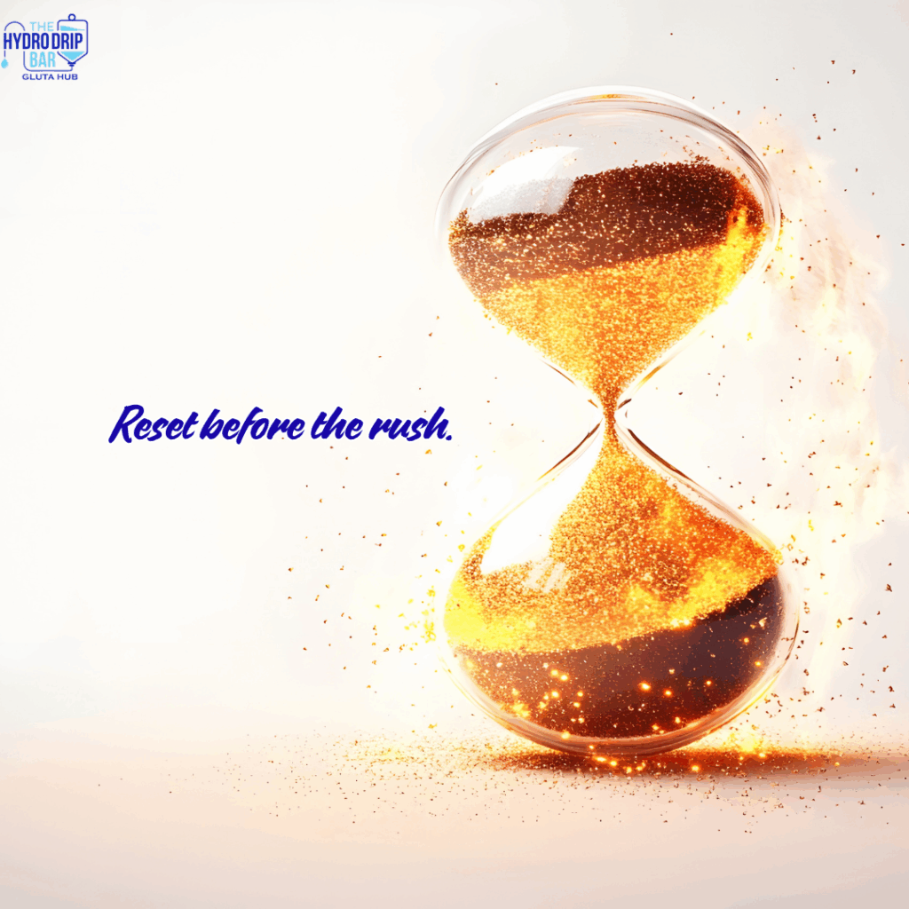 A glowing hourglass filled with golden particles, symbolizing time and energy, with the text “Reset before the rush.”
