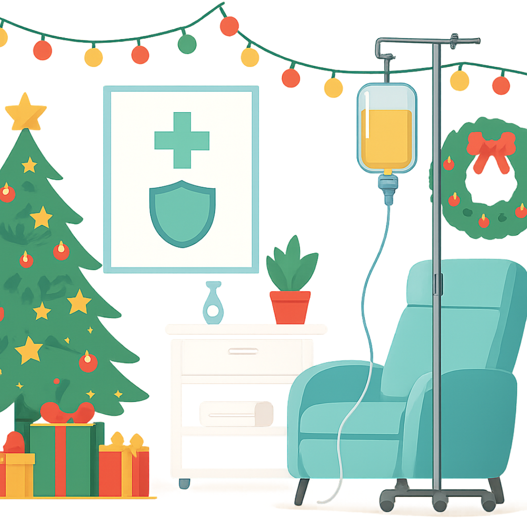 Festive IV therapy chair with immune-boosting IV drip in a holiday-decorated wellness clinic setting.