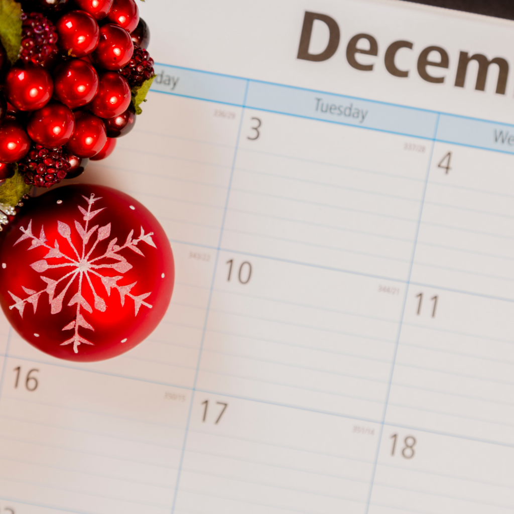 December calendar with holiday ornament symbolizing flu season and the importance of immune support during the festive month.