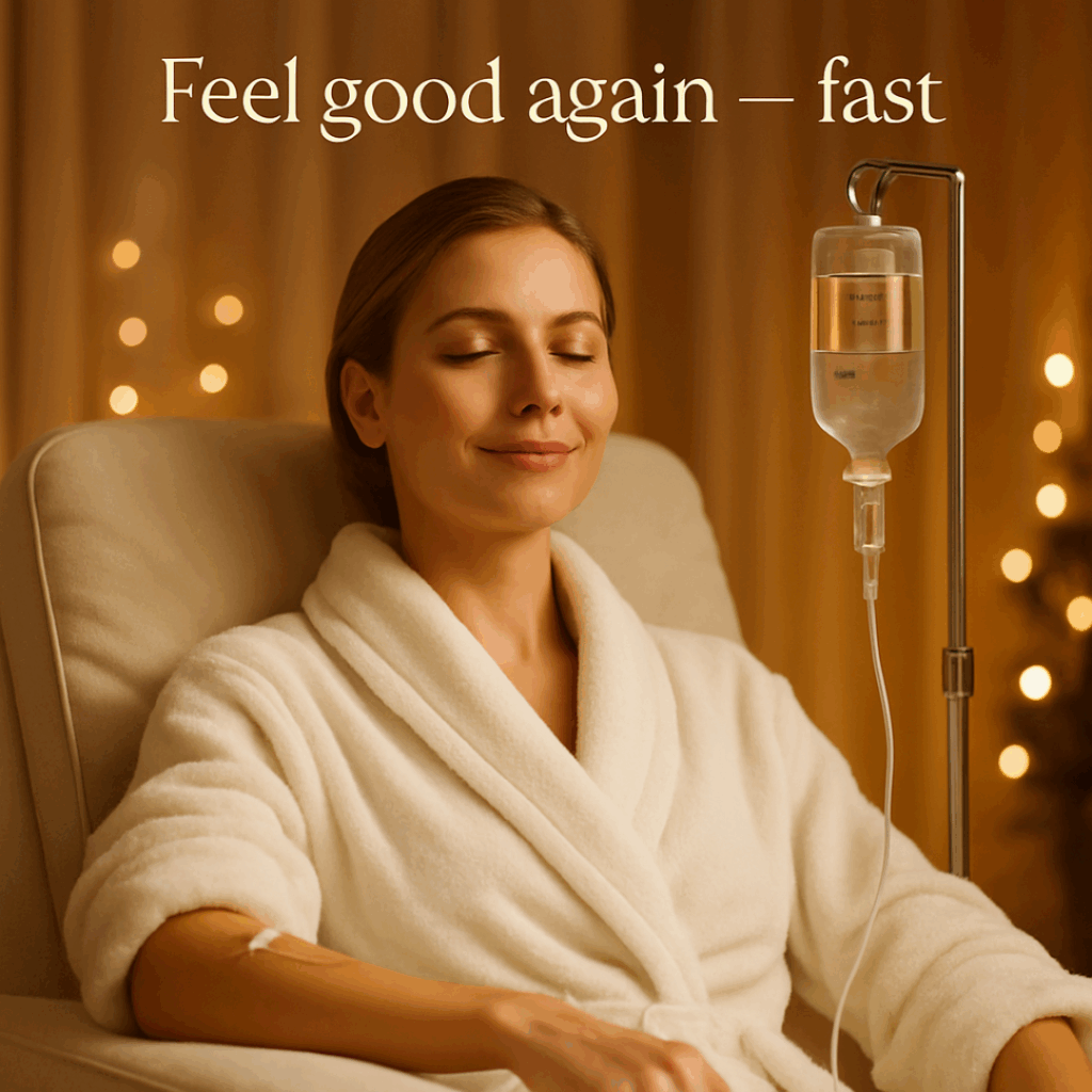 A relaxed woman in a white robe receiving an IV infusion while sitting comfortably in a softly lit room.