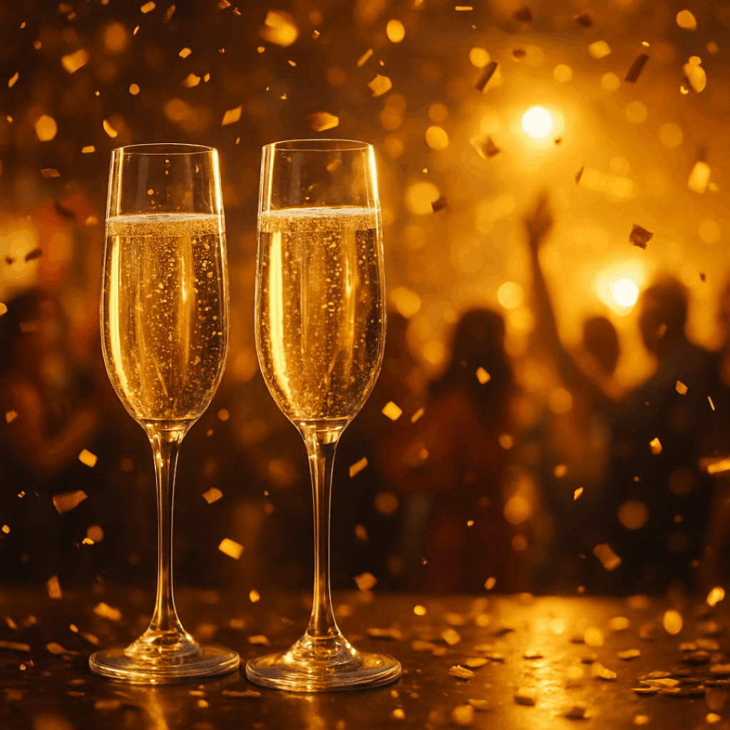Two champagne glasses surrounded by golden confetti, symbolizing holiday celebrations that often lead to the need for holiday hangover IV drips.
