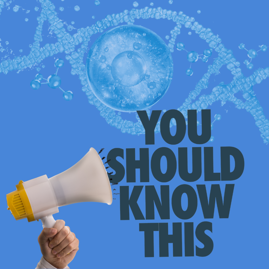Megaphone announcing important wellness information with blue background and glutathione molecule illustration.