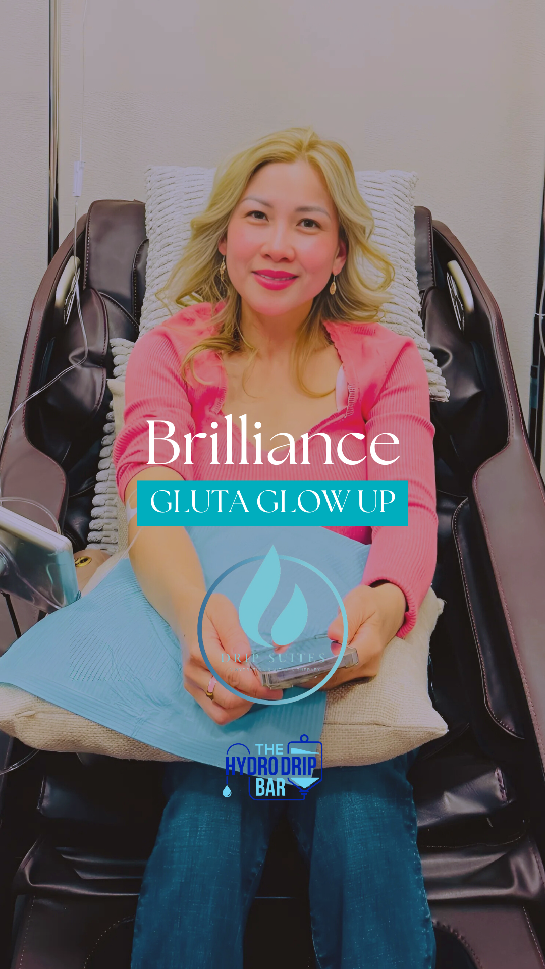 Client receiving a glutathione IV therapy session while relaxing in a wellness chair at The Hydro Drip Bar