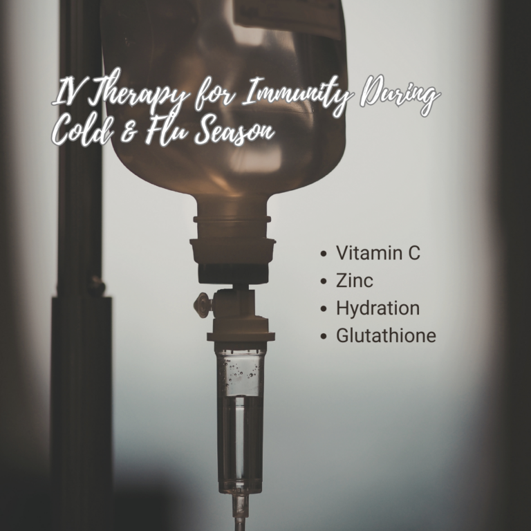 IV therapy drip bag highlighting immune-support nutrients including Vitamin C, Zinc, Hydration, and Glutathione.