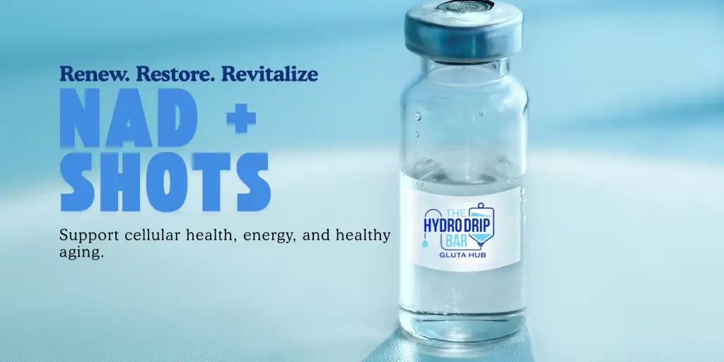 NAD+ therapy vial at The Hydro Drip Bar for energy support, cellular recovery, metabolism, and healthy aging