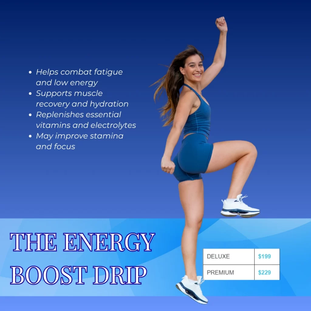 Energy Boost IV drip with B vitamins, amino acids, hydration, and antioxidants for fatigue and wellness