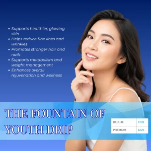 Fountain of Youth IV drip therapy for anti-aging, glowing skin, hydration, hair health, and wellness at The Hydro Drip Bar