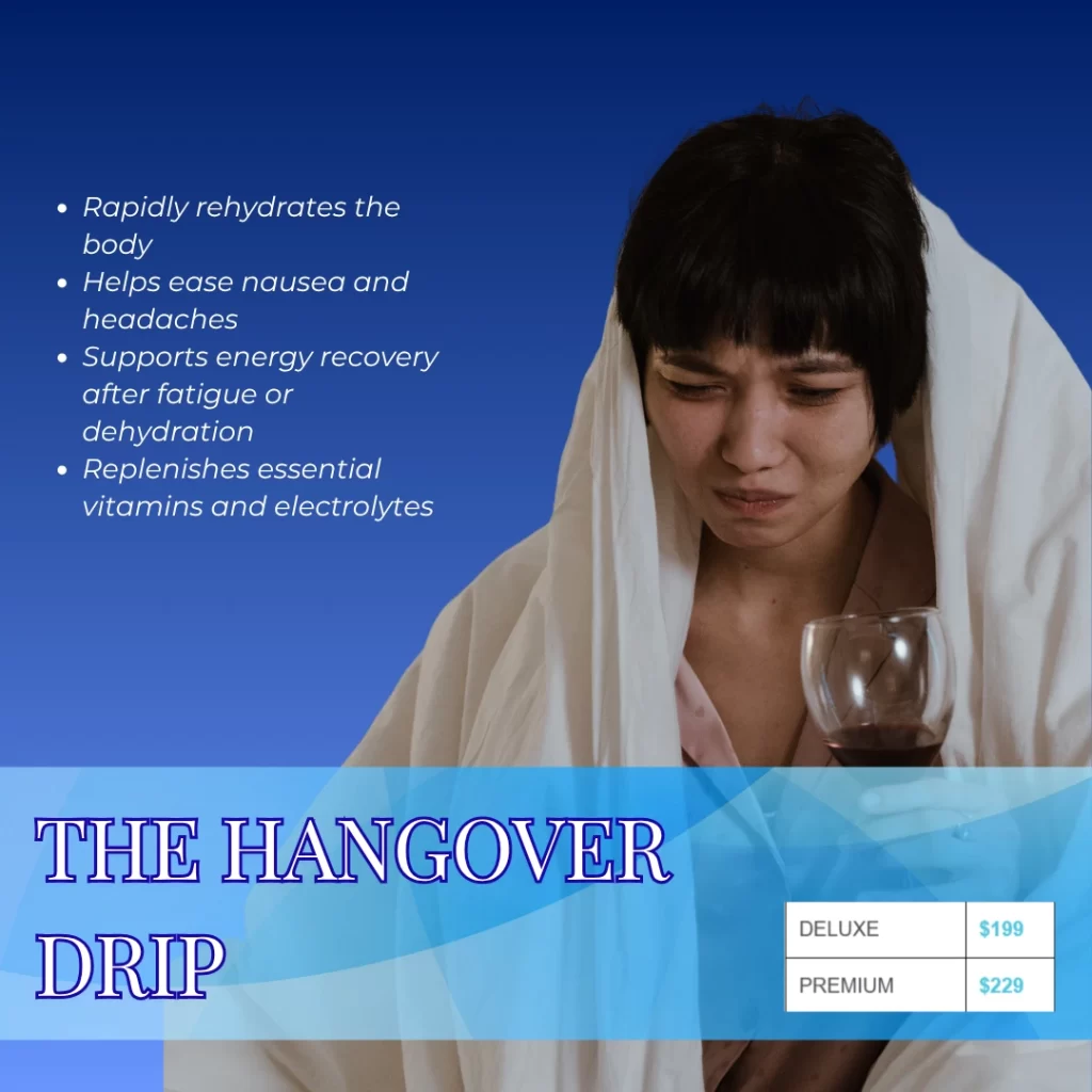 Hangover IV drip therapy for hydration, nausea relief, headache recovery, and energy restoration