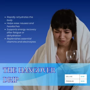 Hangover IV drip therapy for hydration, nausea relief, headache recovery, and energy restoration