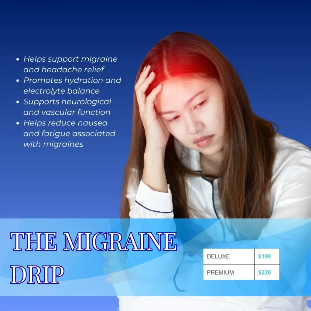 Migraine relief IV drip therapy with magnesium, hydration, vitamins, and wellness support for headache recovery