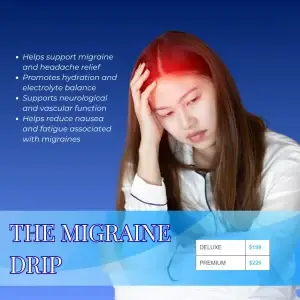 Migraine relief IV drip therapy with magnesium, hydration, vitamins, and wellness support for headache recovery