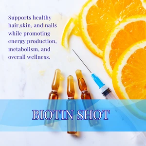 Biotin wellness injection promoting healthy hair, skin, nails, and energy production.